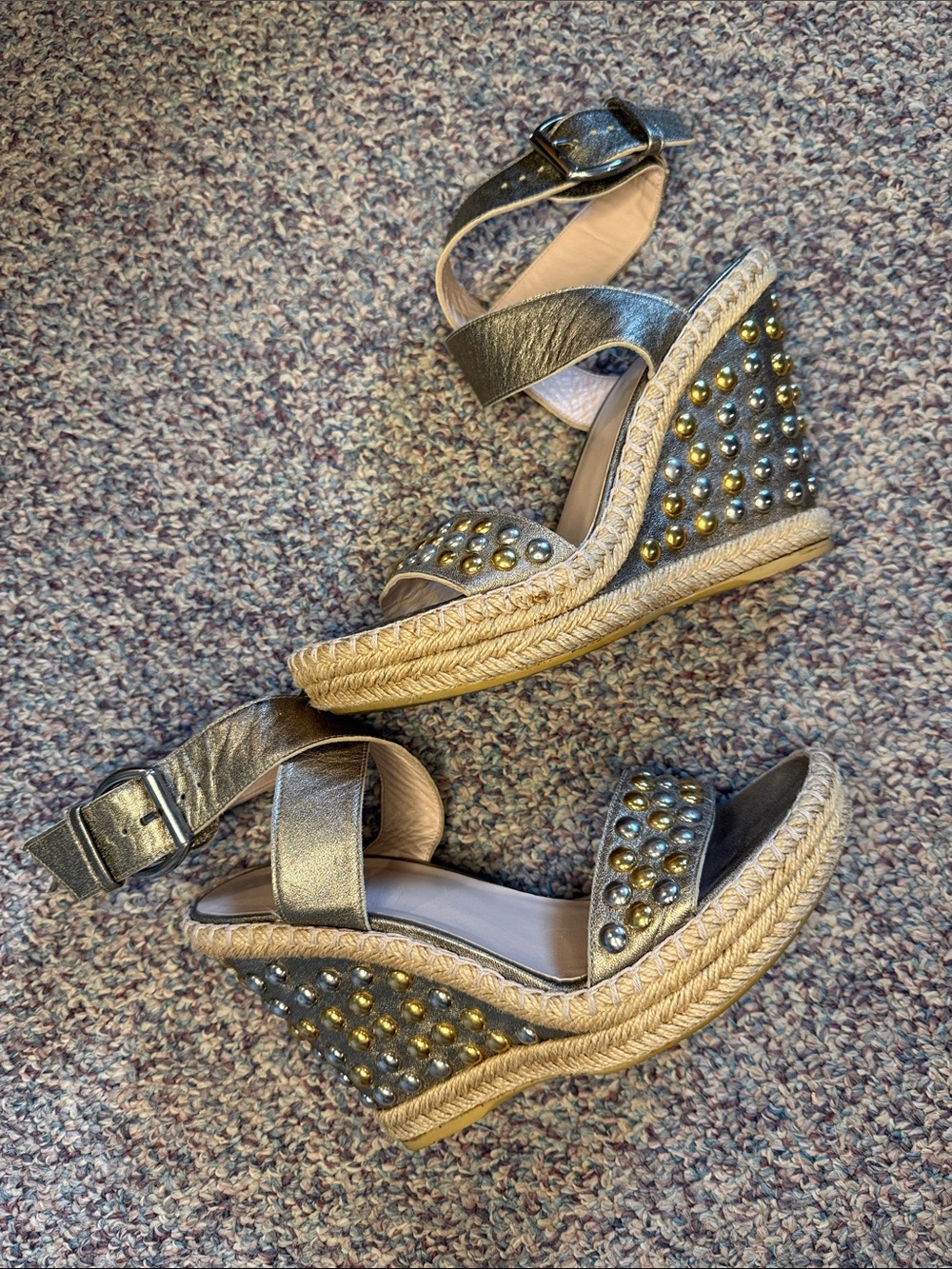 Stuart Weitzman Metallic Gold Studded Espadrille Wedges